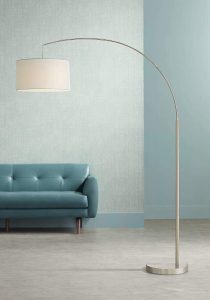 Cora Modern Arc Floor Lamp Brushed Steel Off White Linen Drum Shade