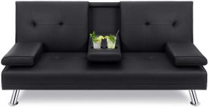 Walsunny Modern Faux Leather Couch, Convertible Futon Sofa Bed for Living Room with Armrest & Fold Up & Down Recliner Couch with Cup Holders