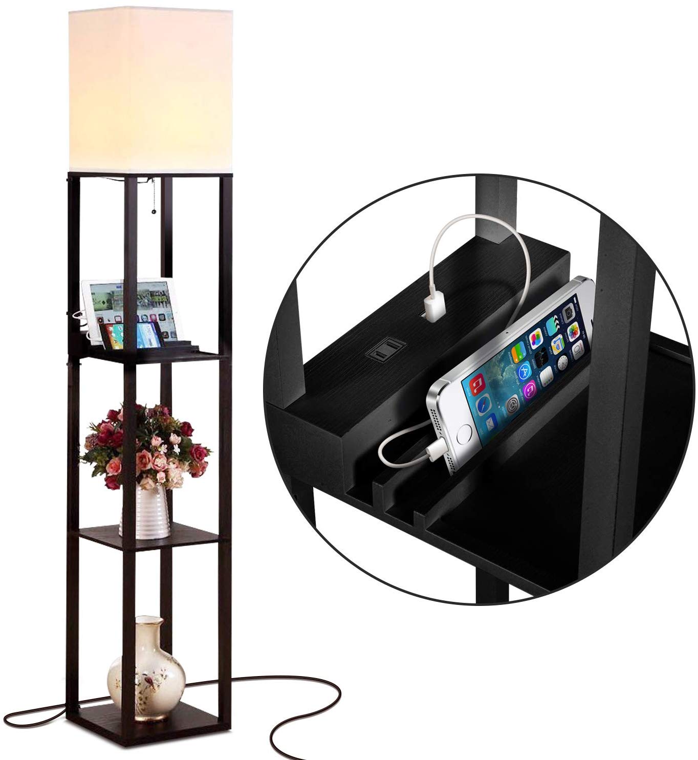Brightech Maxwell Charger - Shelf Floor Lamp with USB Charging Ports & Electric Outlet