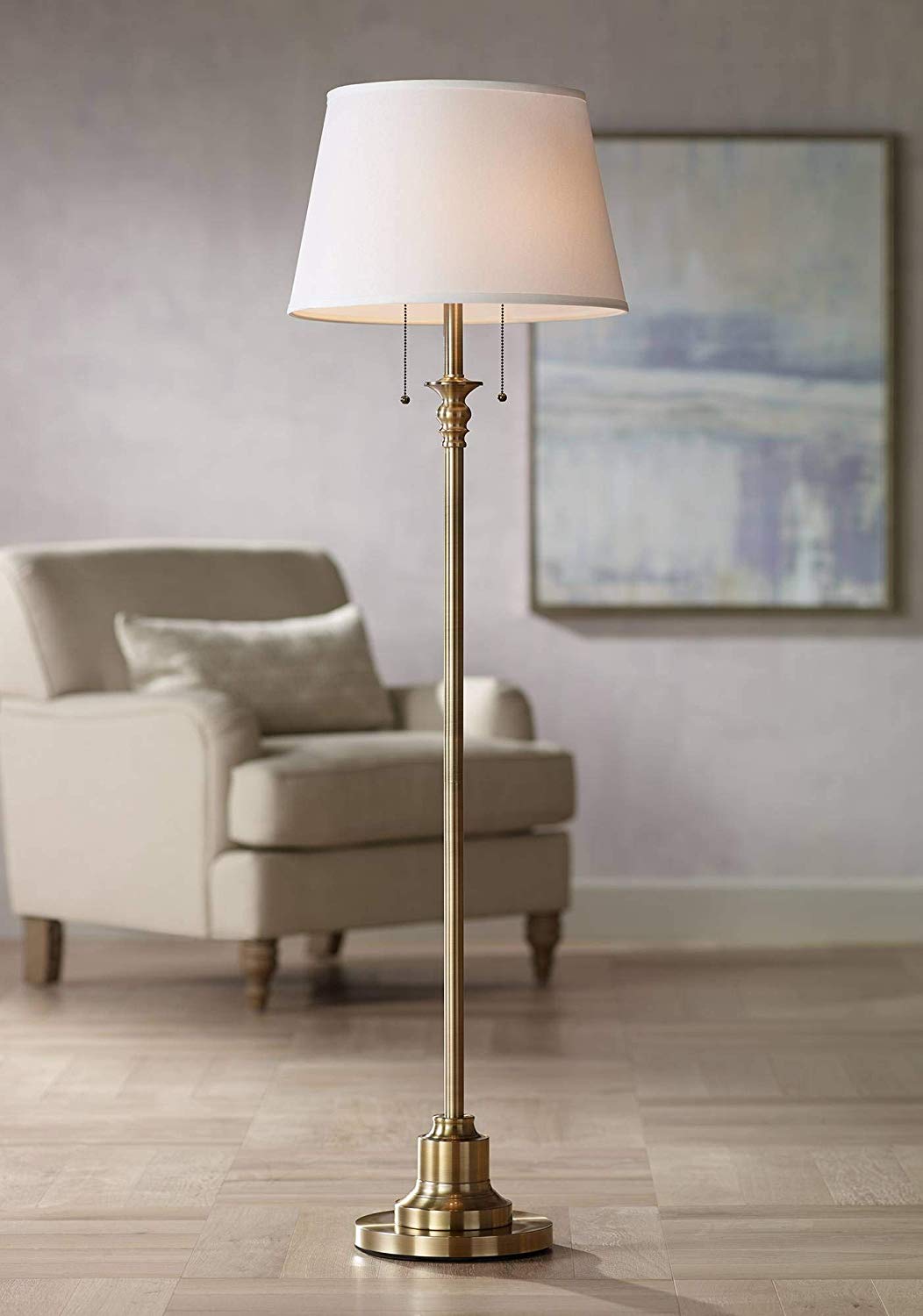 Spenser Traditional Floor Lamp Brushed Antique Brass Metal Off White Linen Fabric Drum Shade
