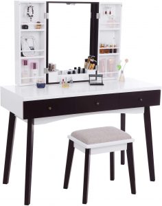 BEWISHOME Vanity Set with Mirror, Cushioned Stool, Storage Shelves, Makeup Organizer, 3 Drawers White Makeup Vanity Desk Dressing Table