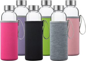 Glass Water Bottles 6 Pack Deluxe Set 18oz - Includes 6 Sleeves. Stainless Steel Lids