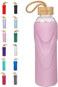 Origin Best BPA-Free Borosilicate Glass Water Bottle with Protective Silicone Sleeve and Bamboo Lid