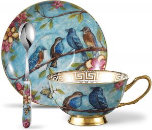 Porcelain Gold Rimmed Teacup Coffee, Flower and Birds