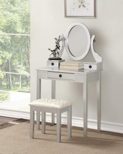 Roundhill Furniture Moniys Wood Moniya Makeup Vanity Table and Stool Set, Silver