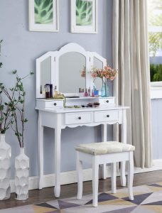 Roundhill Furniture Sanlo White Wooden Vanity, Make Up Table and Stool Set