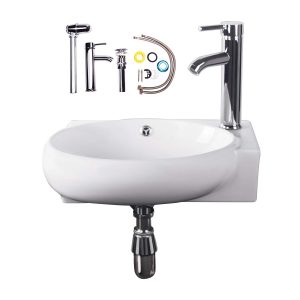 Bathroom Vessel Sink with Faucet and Drain White Overflow Stopper