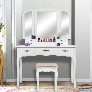 YOUKE Vanity Set, Tri-Folding Necklace Hooked Mirror, 7 Drawers, Makeup Dressing Table with Cushioned Stool