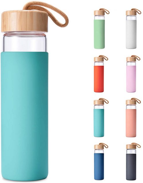 Yomious 20 Oz Borosilicate Glass Water Bottle with Bamboo Lid and Silicone Sleeve