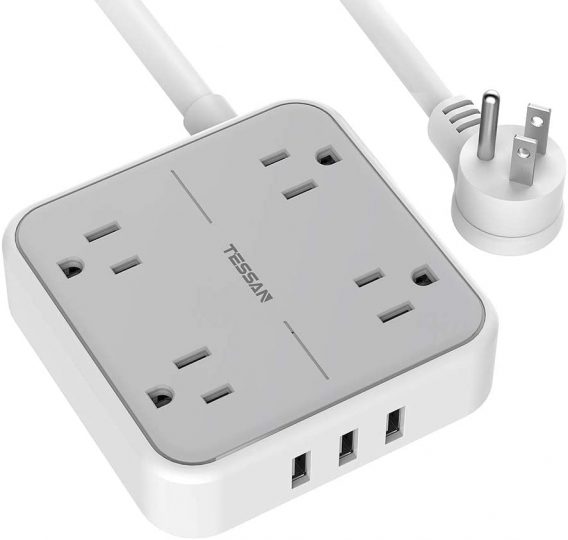 Power Strip With USB, 4 Widely Spaced Outlets Plus 3 USB Charger