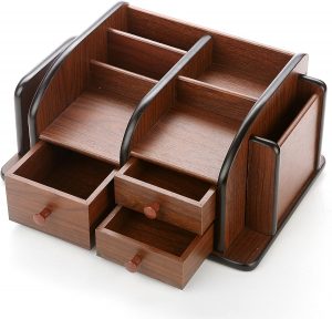 Classic Brown Wood Office Supplies Desk Organizer Rack 